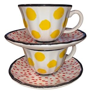 Set of 2 Cups and Saucers Yellow Polka Dot Red Dash Black Rim Made in Portugal